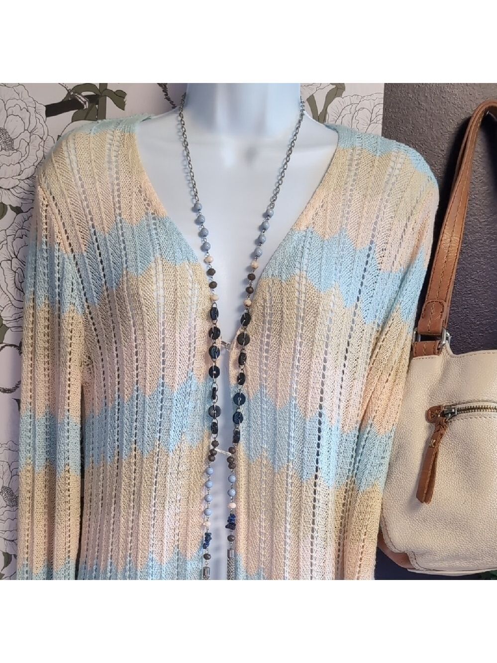 Honey Punch Beige and Light Blue Long Cardigan - Picture 2 of 6